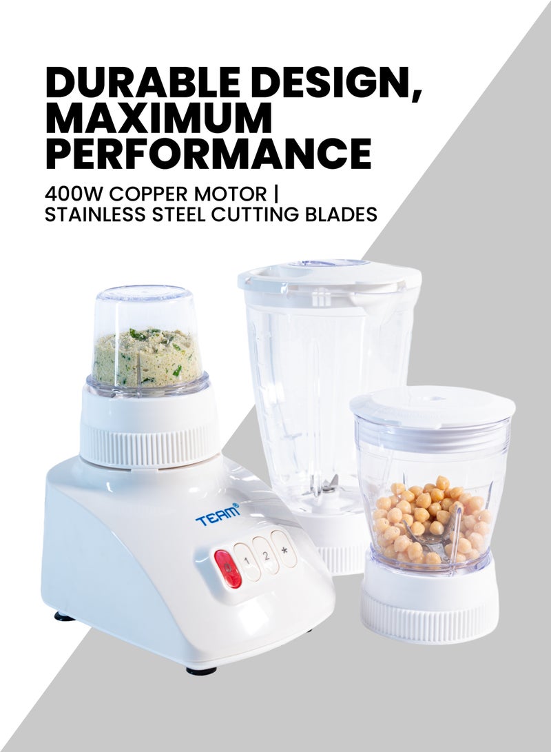 TEAM 3-in-1 Blender with Grinder & Chopper | 400W Powerful Motor | Stainless Steel Blades | 2 Speed + Pulse | Multi-Purpose  Kitchen Appliance - Image 3